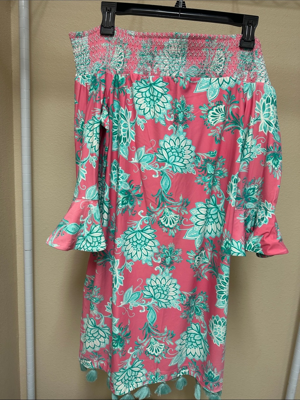 NWT Cabana Life Pink & Teal Floral Off-Shoulder Dress with tassel bottom. Size M